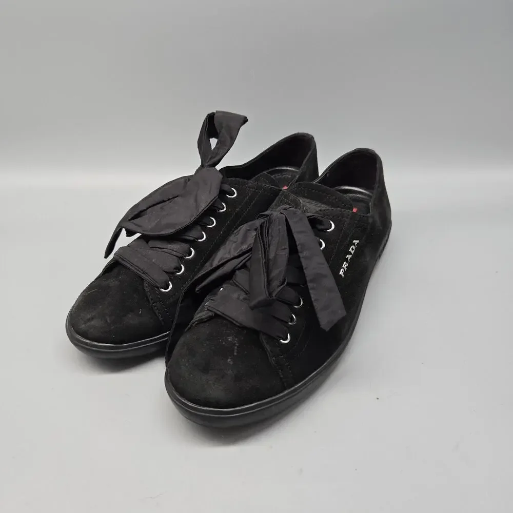 Prada Women's 6.5 Black Camoscio Suede Sneakers W/ Ribbon Laces Limited Edition